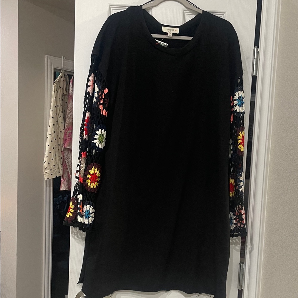 Umgee Black Tunic with Colorful Crocheted Floral Sleeves